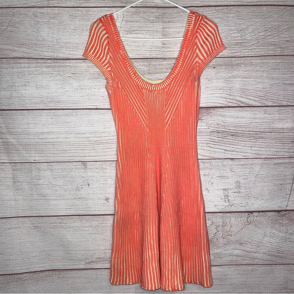 Free people women’s bright orange/pink ribbed short sleeve  dress